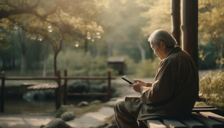 Senior man enjoying autumn nature, reading on bench with phone generated by artificial intelligenceの素材