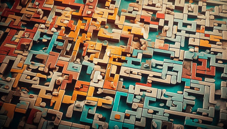 Abstract maze of multi colored shapes creates confusion, requires creative solutions generated by artificial intelligenceの素材