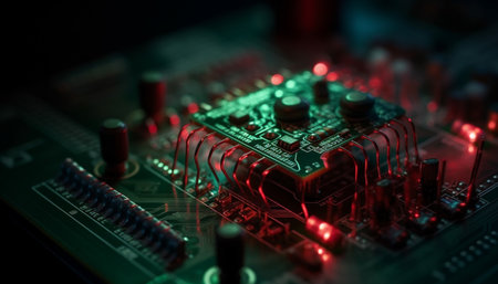 Complex computer circuit board with glowing electrical components and capacitors generated by artificial intelligenceの素材