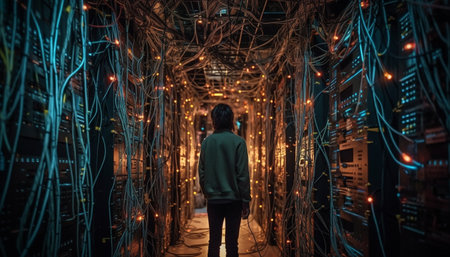 One engineer standing indoors, working on computer equipment with lighting generated by artificial intelligenceの素材