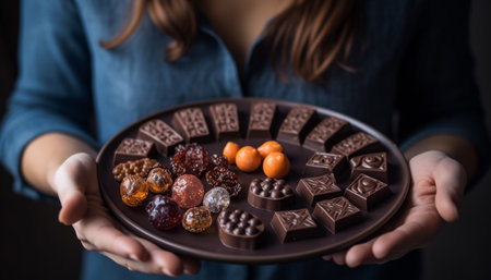 Caucasian woman holding homemade gourmet chocolate fruit bowl, indulging in temptation generated by artificial intelligenceの素材