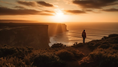 One person standing on cliff, admiring majestic sunset view generated by artificial intelligenceの素材