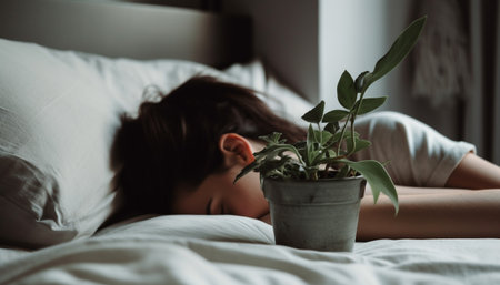 Cute child holding flower, resting on comfortable bed indoors generated by artificial intelligenceの素材
