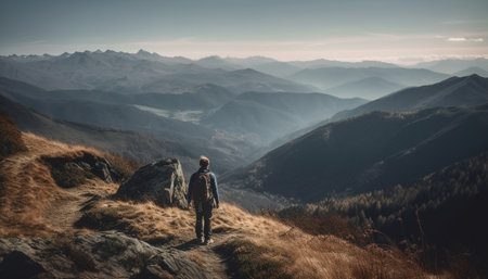 One person hiking mountain peak, backpack on, enjoying nature generated by artificial intelligenceの素材