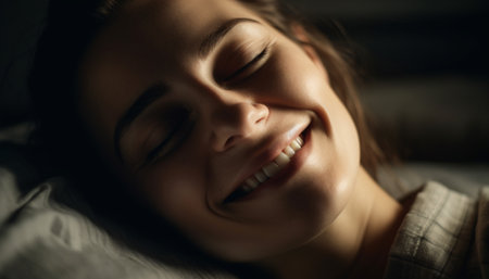 Cute young woman smiling, enjoying carefree relaxation on comfortable bed generated by artificial intelligenceの素材