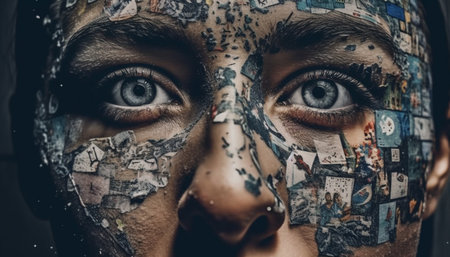 Abstract beauty young adult face painted with futuristic creativity generated by artificial intelligenceの素材