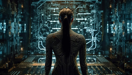 Futuristic cyborg standing in front of a glowing skyscraper industry generated by artificial intelligenceの素材