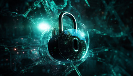 Abstract blue padlock symbolizes futuristic computer network security encryption technology generated by artificial intelligenceの素材