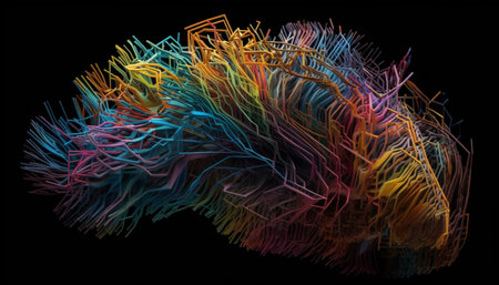 Abstract multi colored fractal pattern glowing on black background, futuristic design generated by artificial intelligenceの素材