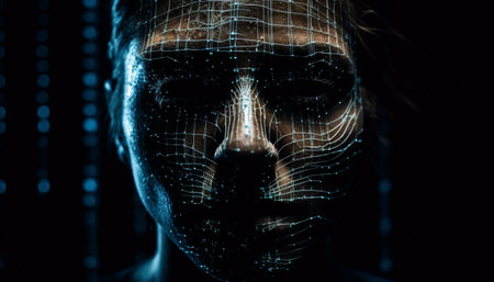 Futuristic men and women, cyborgs and robots, illuminated in blue generated by artificial intelligenceの素材