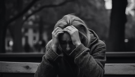 Lonely young adult sits on bench, overwhelmed by emotional pain generated by artificial intelligenceの素材
