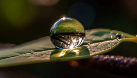 Fresh green leaf with dew drop reflects beauty of nature generated by artificial intelligenceの素材