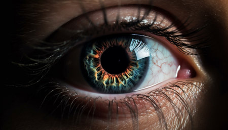 Close up of one person blue eye, staring at camera generated by artificial intelligenceの素材