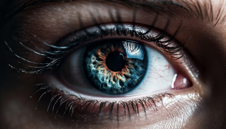 Close up of one person blue eye, staring at camera generated by artificial intelligenceの素材