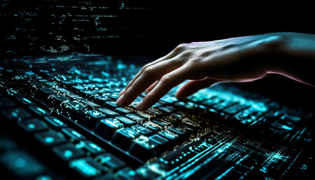 Modern programmer typing binary code on glowing laptop at night generated by artificial intelligenceの素材