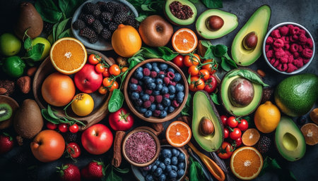 A bowl of fresh, organic, multi-colored fruit salad for healthy eating generated by artificial intelligenceの素材