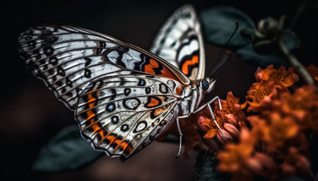 Vibrant butterfly in nature, multi colored wings showcase natural beauty generated by artificial intelligenceの素材