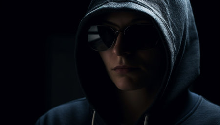 Hooded burglar in black clothing, looking serious in close up portrait generated by artificial intelligenceの素材