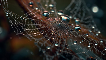 Spider web dew drop reflects autumn forest in spooky beauty generated by artificial intelligenceの素材