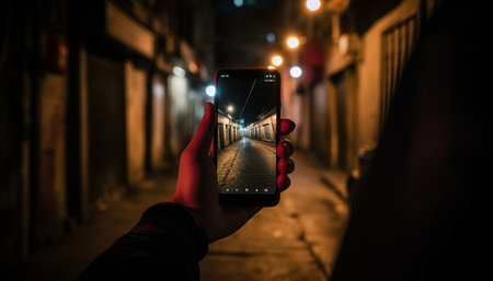 Hand holding smartphone, photographing city nightlife with street lighting equipment generated by artificial intelligenceの素材