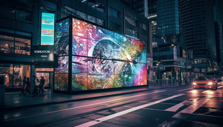 Modern city life illuminated by multi colored skyscrapers and traffic generated by artificial intelligenceの素材