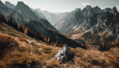 Tranquil mountain meadow, majestic peak, panoramic view, hiking adventure generated by artificial intelligenceの素材