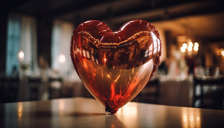 Romantic heart shaped glass illuminated on table in glowing reflection generated by artificial intelligenceの素材