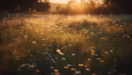 Sunset meadow showcases beauty in nature with wildflowers and daisies generated by artificial intelligenceの素材
