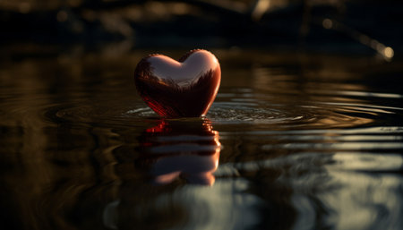 Love and emotion reflected in heart shaped pond under sunset generated by artificial intelligenceの素材