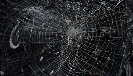 Spooky spider spins wet web, catching dew drops in autumn generated by artificial intelligenceの素材