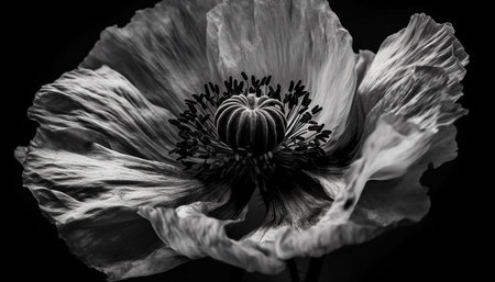 Monochrome daisy head on black background, macro close up generated by artificial intelligenceの素材