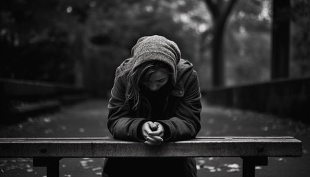 Loneliness and despair a young woman emotional winter in nature generated by artificial intelligenceの素材