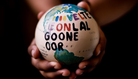 Hand holding globe, exploring topography, learning geography, global education generated by artificial intelligenceの素材