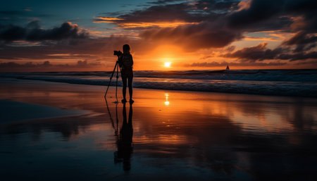 One person standing, back lit, photographing tranquil coastline beauty generated by artificial intelligenceの素材