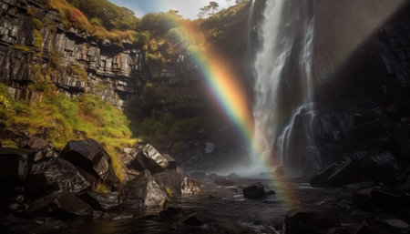 Tranquil scene of majestic mountain range with flowing water and rainbow generated by artificial intelligenceの素材