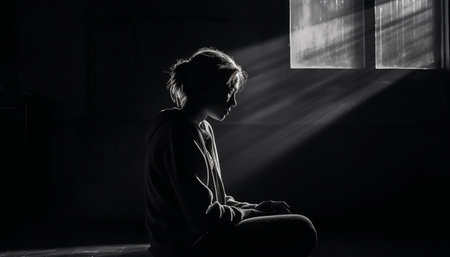 Solitude and Grief One Person Emotional Stress in Darkness generated by artificial intelligenceの素材