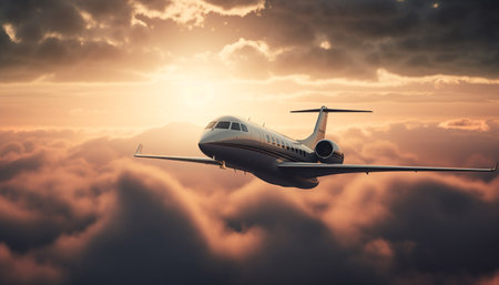 Flying commercial airplane taking off at dusk with blue sky generated by artificial intelligenceの素材