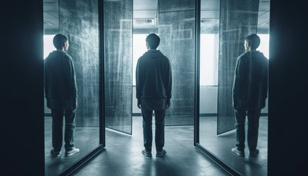 Silhouette of young adult businessman walking in modern skyscraper corridor generated by artificial intelligenceの素材