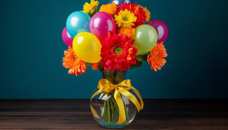 Multi colored bouquet of fresh flowers in yellow vase on table generated by artificial intelligenceの素材