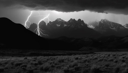 Majestic mountain range, dark silhouette against dramatic sky, awe inspiring beauty generated by artificial intelligenceの素材