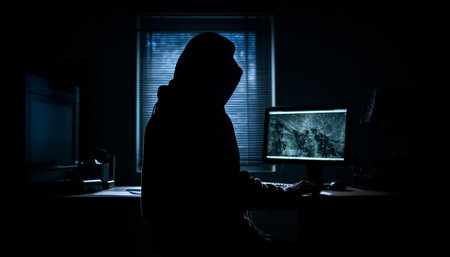 Silhouette of a hooded thief typing dangerous passwords at night generated by artificial intelligenceの素材