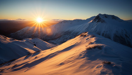 Tranquil mountain range, majestic peak, frozen in winter icy grip generated by artificial intelligenceの素材