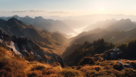 Panoramic mountain range at dawn, a majestic winter landscape adventure generated by artificial intelligenceの素材