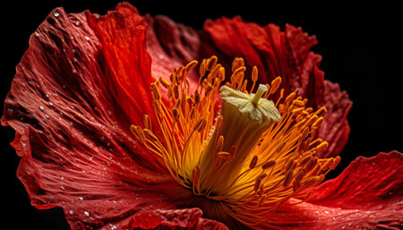 Vibrant gerbera daisy, wet with dew, showcases beauty in nature generated by artificial intelligenceの素材