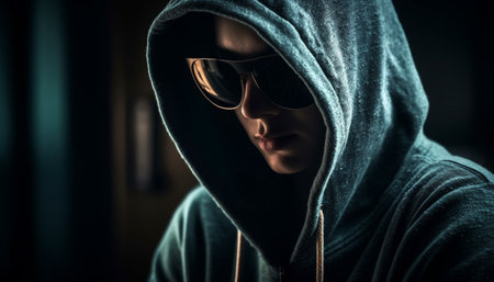 Dark hooligan in hooded shirt, looking dangerous in black background generated by artificial intelligenceの素材