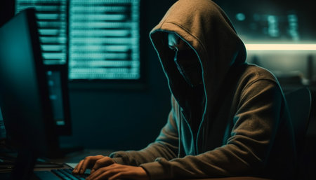 Hooded burglar typing on computer, stealing data, committing cybercrime indoors generated by artificial intelligenceの素材