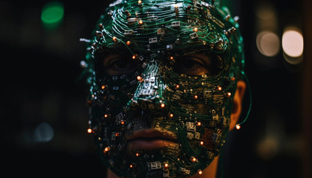 Dark futuristic cyborg engineer illuminated by glowing lighting equipment outdoors generated by artificial intelligenceの素材