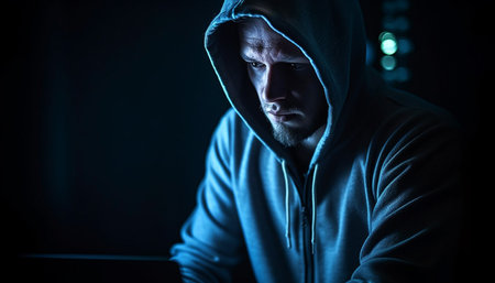 Hooded burglar, back lit in dark, looking at camera seriously generated by artificial intelligenceの素材