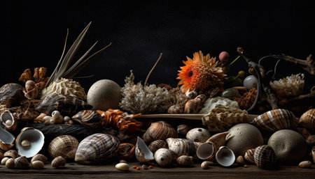 Seashell collection decorates rustic wood table by the coastline generated by artificial intelligenceの素材