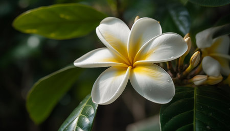 Exotic frangipani blossom symbolizes beauty in nature scented pond generated by artificial intelligenceの素材